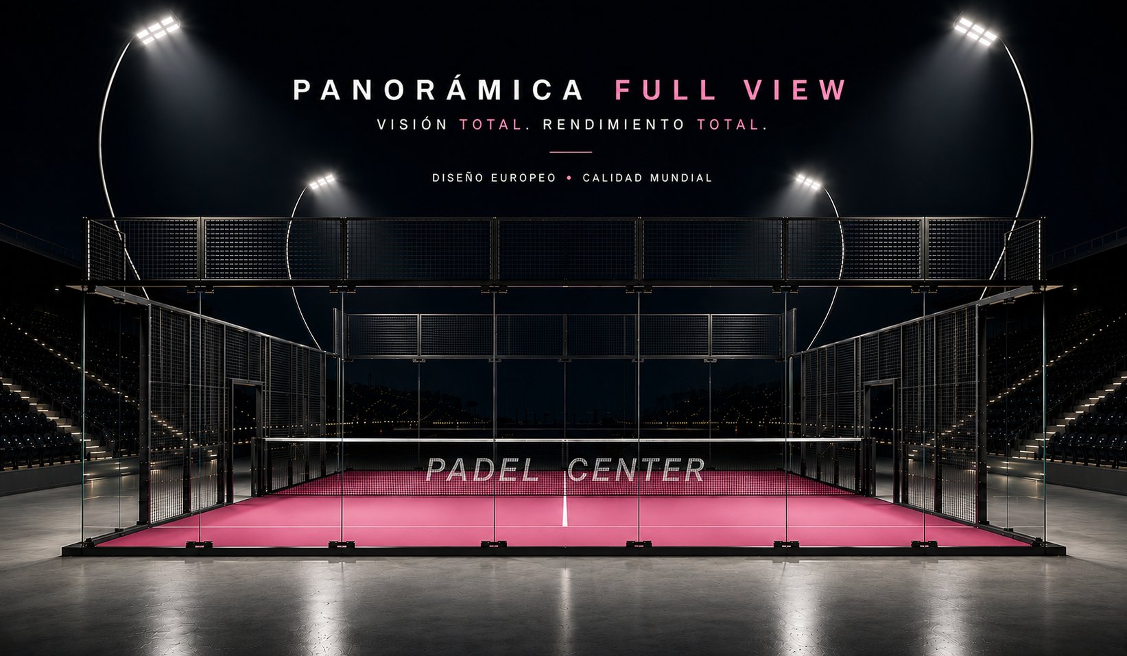 Cancha de pádel panorámica Full View en color rosa vivo — diseño audaz para clubes premium