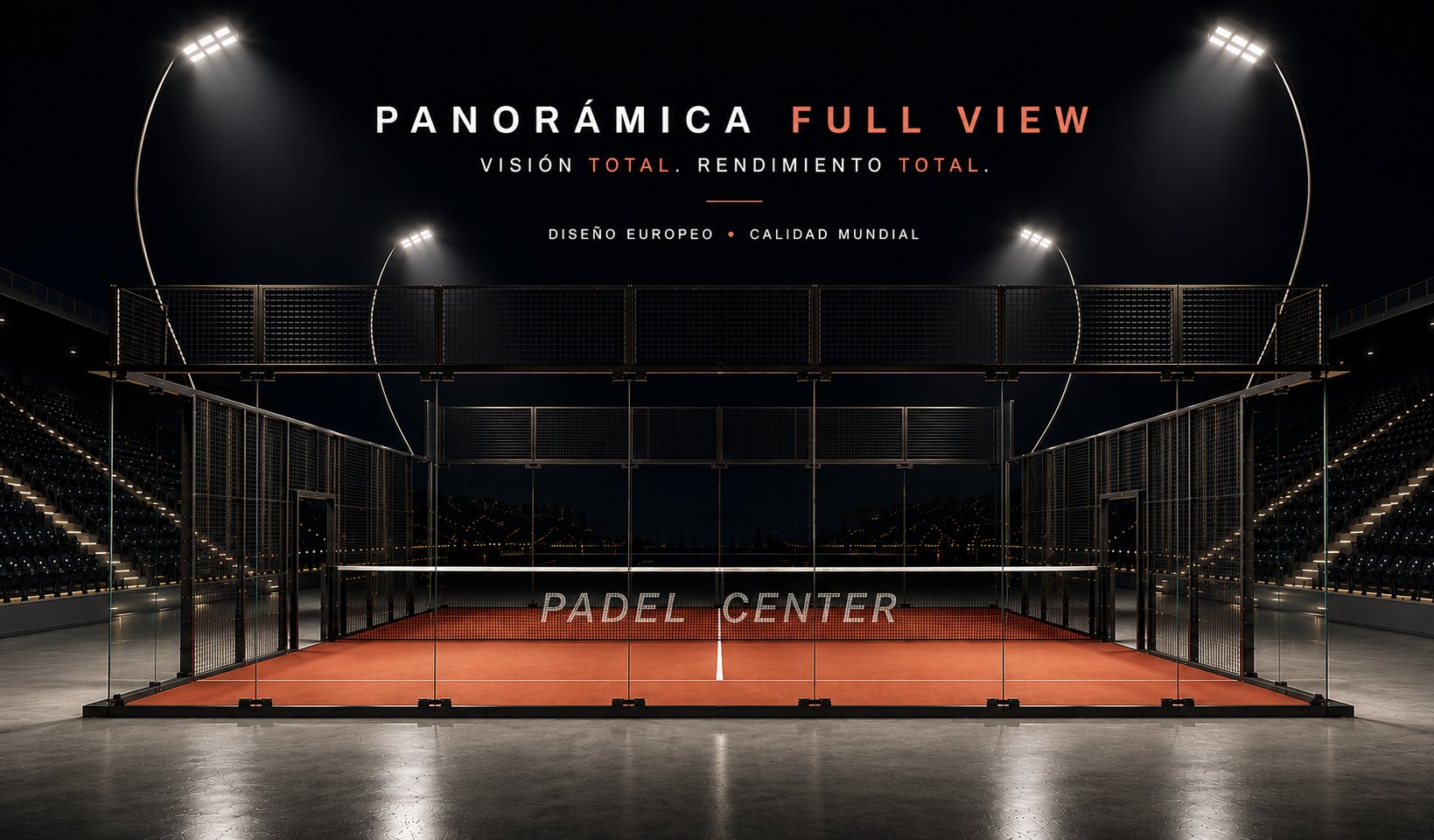 Cancha de pádel panorámica Full View en color terracota — estética europea premium