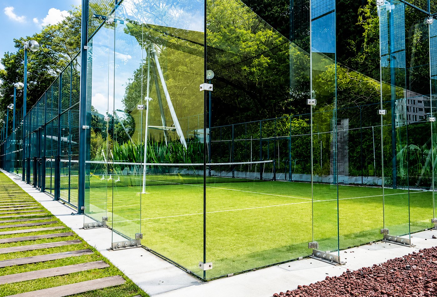 Cancha de pádel semipanorámica con cristales templados, estructura metálica y pasto sintético importado instalada por canchasdepadel.mx